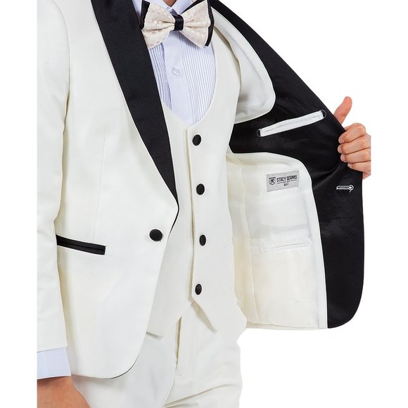 Stacy Adams Boys Ivory Tuxedo Set, 5-Piece Black Shawl Collar - Picture 3 of 7
